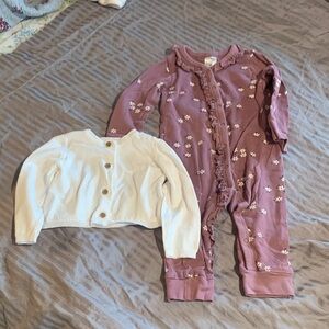 Mauve Floral Ruffle Baby Romper + Cream Button Cardigan
